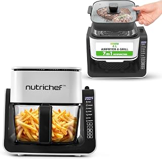 NutriChef Airfryer & Grill – 4 QT Airfryer + 1.2 QT Grill, 7 Kookmodi, Transparante Kom, Voor Garnalen, Steaks, Frites & Meer – Compact & Krachtig – Wit
