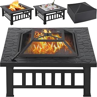 Yaheetech 3-in-1 tuinhaard, 81 x 81 x 36,5 cm, vierkante vuurschaal, vuurkorf met afdekking en vonkenbeschermingsrooster, Fire Pit voor terras, tafelhaard, outdoor, camping, kampvuur, verwarming