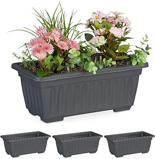 Relaxdays balkonbak set van 4, rechthoekige plantenbak, binnen & buiten, HBD: 14x34x18,5 cm, kunststof, antracietkleur