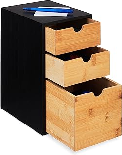 Relaxdays ladeblok, bamboe, 3 lades, HxBxD: 28 x 17 x 21,5 cm, smalle bureau organizer, keuken, badkamer, natuur/zwart
