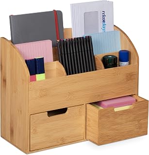 Relaxdays bureau organizer bamboe, 6 bakjes, 2 lades, voor kantoorartikelen, bamboe, pennenbakje, 26x33x13,5 cm, natuur