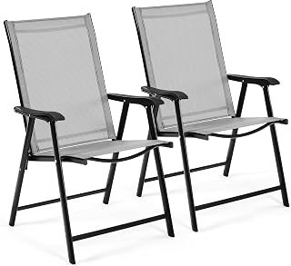 Yaheetech Set van 2 tuinstoelen, hoge rugleuning, klapstoelen, terrasstoelen met rugleuning en armleuningen, inklapbare outdoorstoelen, eetkamerstoelen, belastbaar tot 150 kg, grijs