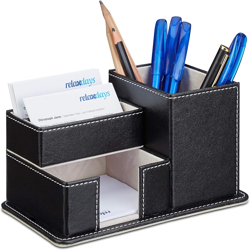 Relaxdays pennenbakje kunstleer, bureau organizer voor pennen, potloden, memo's en kantoorartikelen, pennenhouder, zwart