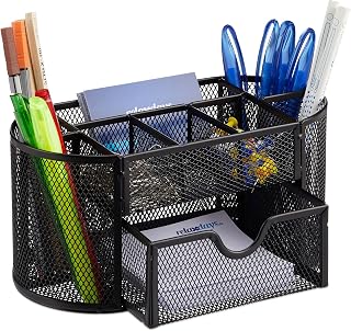 Relaxdays pennenbak, met lade, metaal, HxBxD: 10,5 x 22 x 11 cm, pennenhouder, bureau organizer, zwart