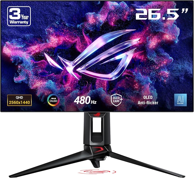 ASUS ROG Swift OLED PG27AQDP gaming monitor - 27" WOLED, 480Hz, 0,03ms, G-SYNC® compatibel, aangepaste heatsink, ASUS OLED Care+, AI Assistant, uniforme helderheid, 99% DCI-P3 en DisplayWidget Center