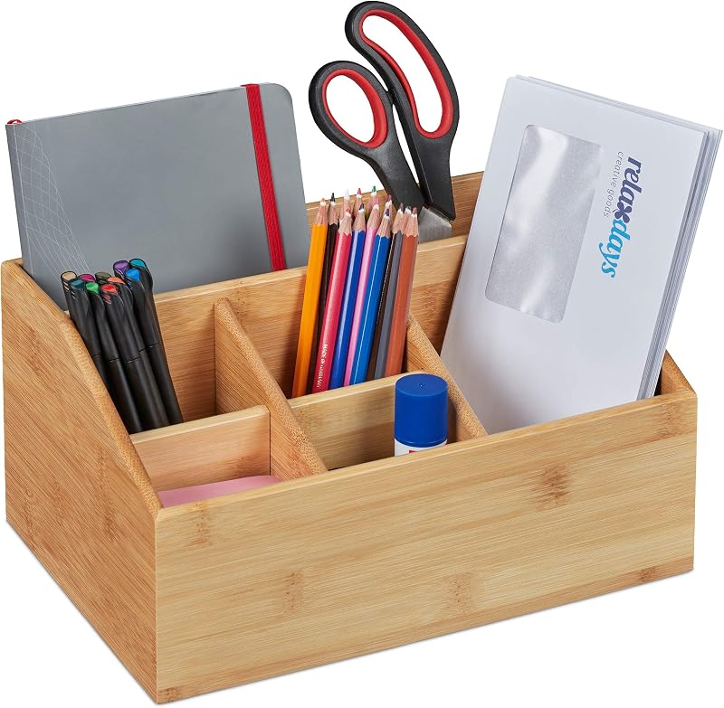 Relaxdays pennenbakje bamboe, 6 vakken, bureau organizer voor op kantoor en thuis, pennenhouder HBD 14x28x20 cm, natuur