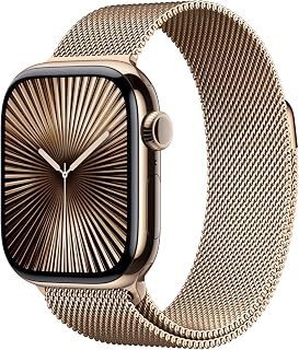 Apple Watch Series 10 (GPS + Cellular 42 mm) Smartwatch - Kast van goudkleurig titanium - Goudkleurig Milanees bandje. Conditie bijhouden, Ecg-app, always on Retina-display, CO₂-neutraal