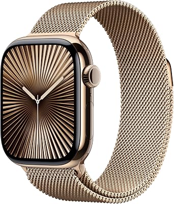 Apple Watch Series 10 (GPS + Cellular 42 mm) Smartwatch - Kast van goudkleurig titanium - Goudkleurig Milanees bandje. Conditie bijhouden, Ecg-app, always on Retina-display, CO₂-neutraal