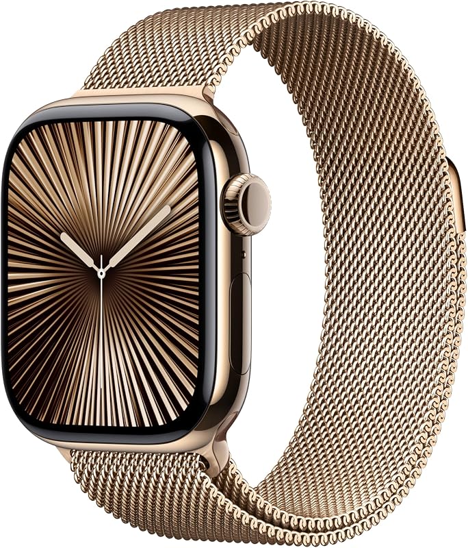 Apple Watch Series 10 (GPS + Cellular 42 mm) Smartwatch - Kast van goudkleurig titanium - Goudkleurig Milanees bandje. Conditie bijhouden, Ecg-app, always on Retina-display, CO₂-neutraal