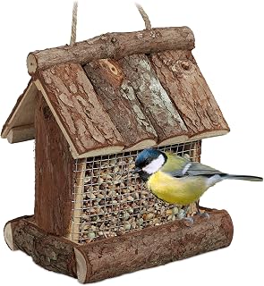 Relaxdays vogelvoederhuisje hangend, hout, voor tuin, HBD: 17x15x12 cm, met silo, vogelhuisje voor kleine vogels, natuur
