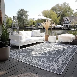 ELLE Decoratie voor binnen en buiten, omkeerbaar tapijt, weerbestendig en waterdicht, modern geometrisch patroon, ruitpatroon, outdoortapijt voor tuin, balkon, terras en woonkamer, zilver, 120 x 170