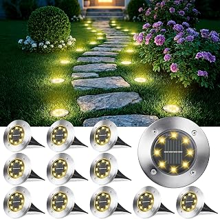 Joomer Tuinverlichting op zonne-energie voor buiten, grond op zonne-energie, warm witte buitenverlichting, waterdichte tuinverlichting met 8 LED-zonneschijflachten voor Pathway Yard Walkway Patio Gazon Pad (12 stuks)