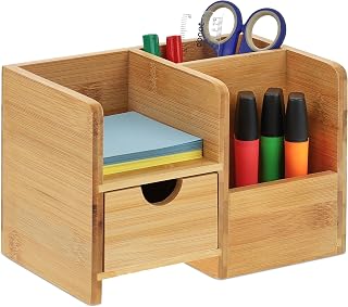 Relaxdays bureau organizer, met lade & 3 vakken, bamboe, bamboe, kantoor, pennenbak HBD 14 x 20,5 x 13 cm, natuur