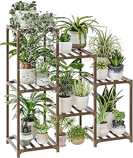 Bamworld Plantenstandaards voor kamerplanten, hout buiten gelaagde plantenplank voor meerdere planten, 3 banden 7 ingemaakte ladder plantenhouder tafelplantenpot standaard voor raam tuin balkon patio