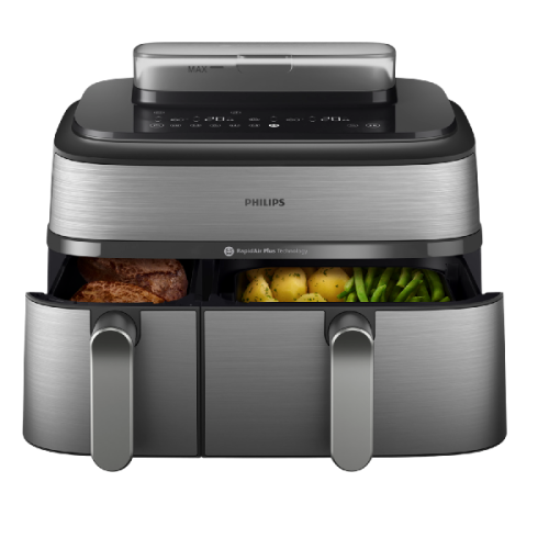 PHILIPS Airfryer 5000-serie Dual Basket Met Stoomfunctie - NA555/00 - Dubbele Mand - SteamClean - 9L - Tot 6 Personen - Heteluchtfriteuse met stoomfunctie - Zilver